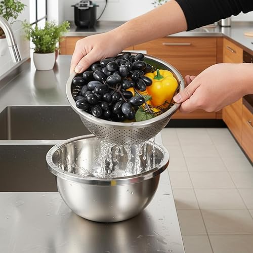 Miniatura 7 de 304 Stainless Steel Colander 5QT Microporous Colander and Large Bowl, Rice-Strainer with Salad Mixing Bowl Rice Washer Strainer Bowls for Washing