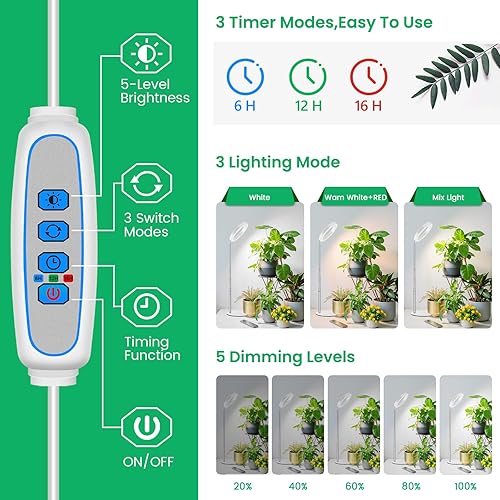Miniatura 34 de Luces de cultivo, 48 luces LED de espectro completo, halo pequeño ajustable con base, 3 espectros opcionales, temporizador automático de 3/9/12 3.4