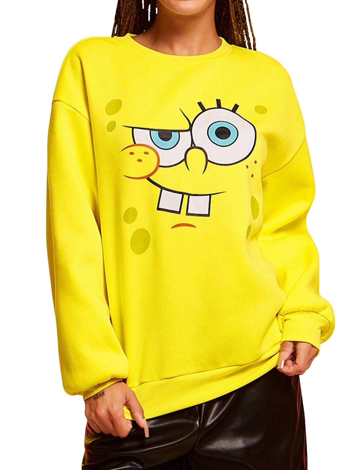 sxv style Women Cute Cartoon Face Print Drop Shoulder Loose Crew Neck Long Sleeves Fleece Sweatshirt-picture-28