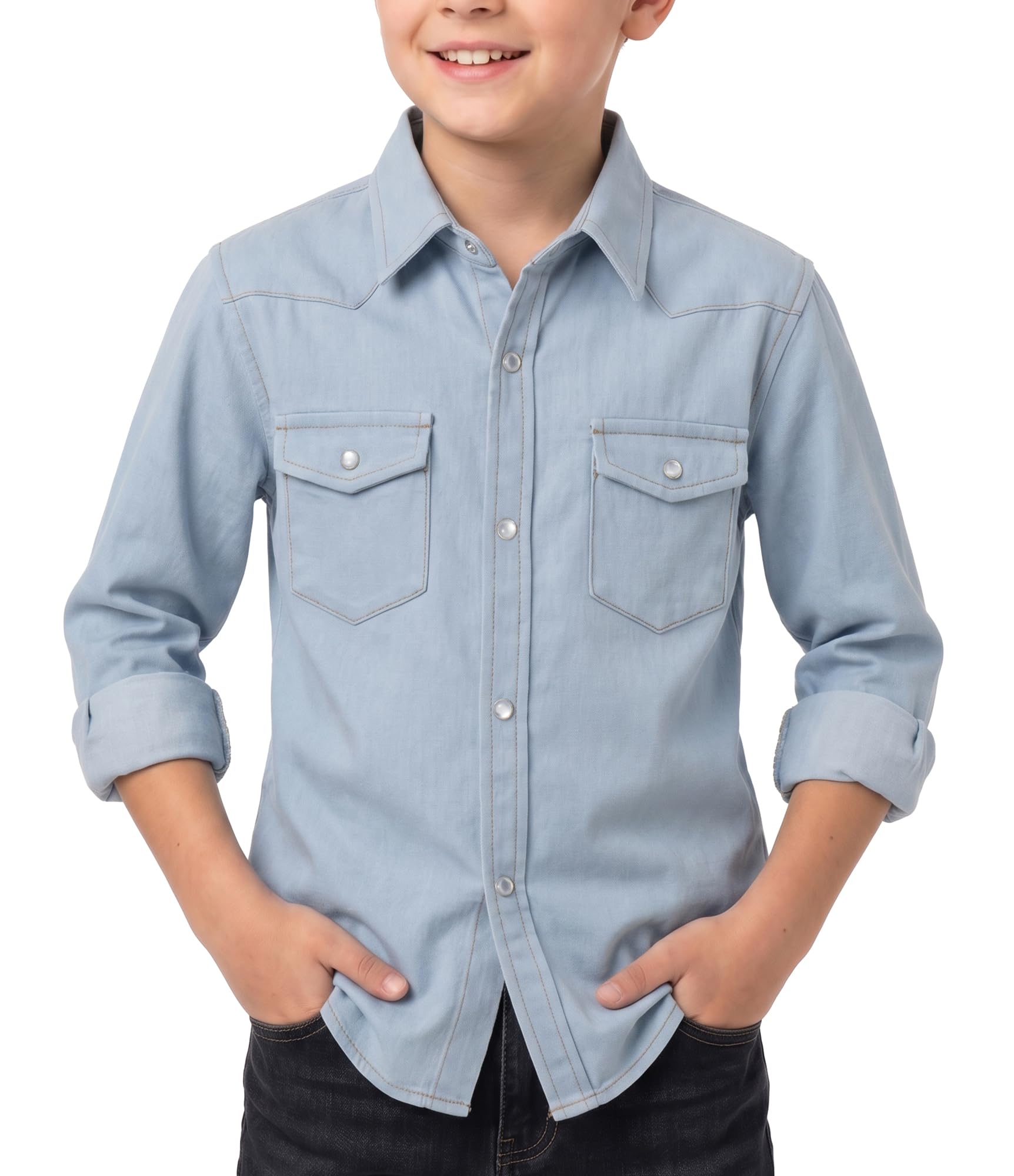 Spring&Gege Western Boys Denim Button Down Shirt Long Sleeve Pearl Snap with Two Flap Pockets (5-14 Years)