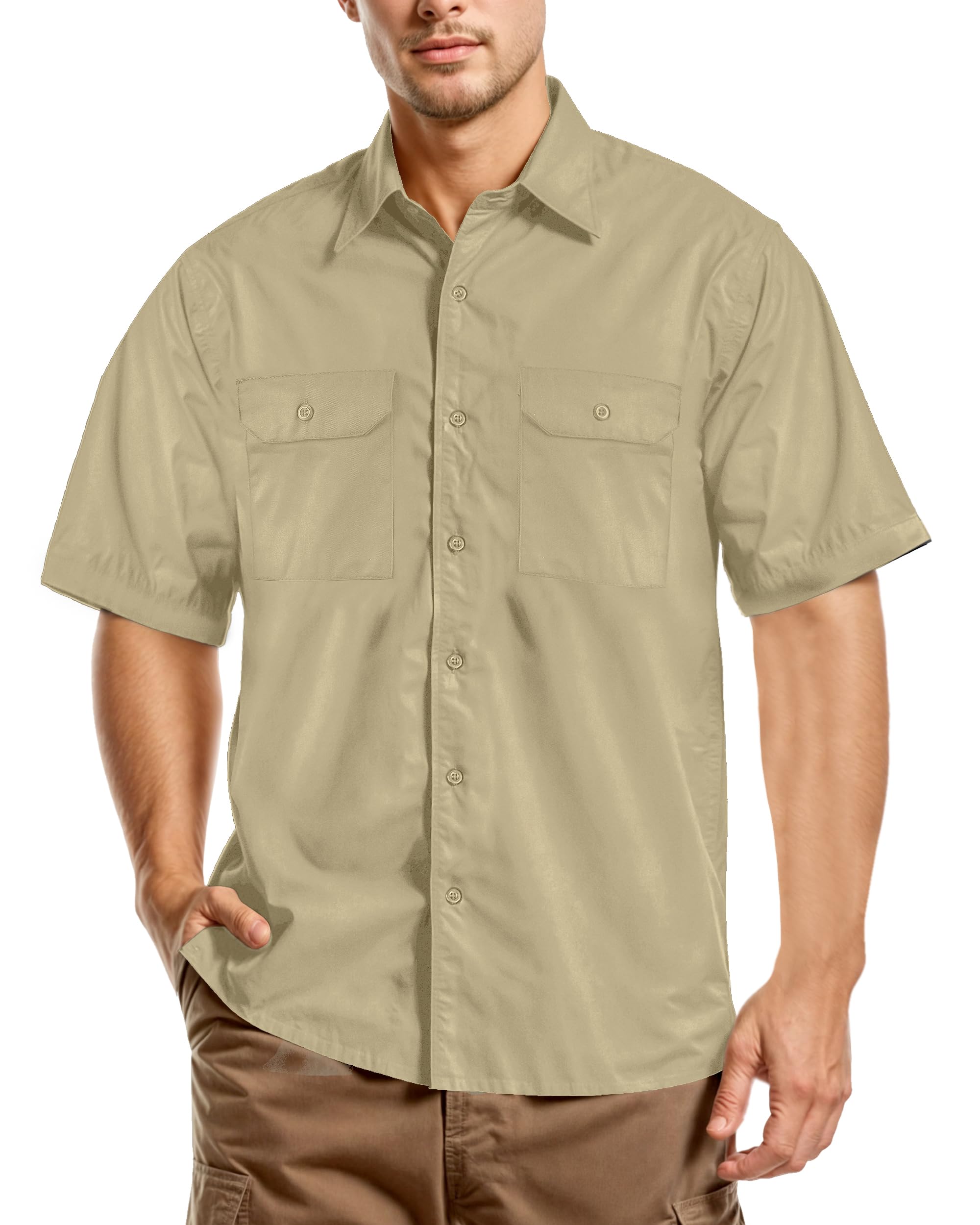 NY Threads Men's Work Shirt, Short Sleeve, Two Pockets, Durable Work Wear, Medium, Khaki