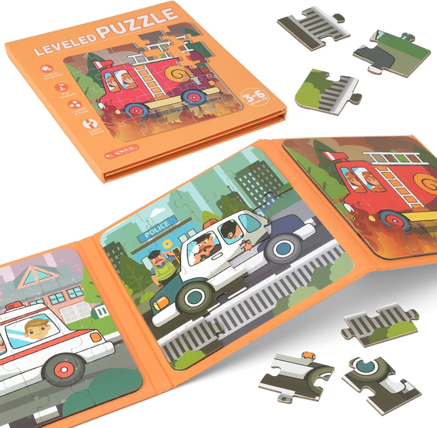 Magnetic Leveled Puzzle Book for Kids 3-6 Years Emergency Vehicles Theme, Educational Jigsaw Set, Travel-Friendly Learning Toy Boys & Girls-picture-22