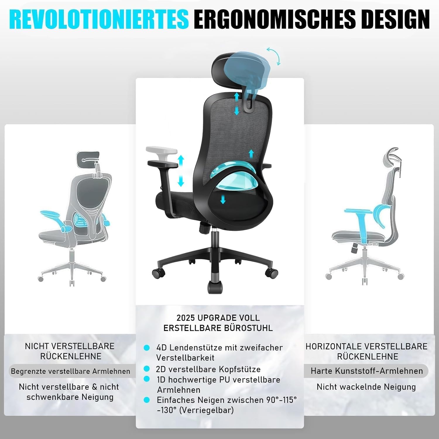 Milacyee Bürostuhl, Ergonomischer Bürostuhl mit Verstellbarer 4D Lendenwirbelstütze, Schreibtischstuhl mit Kopfstütze, Drehstuhl mit 90°-130° Liegefunktion (Abschließbar), Netzstuhl bis 150KG, Schwarz