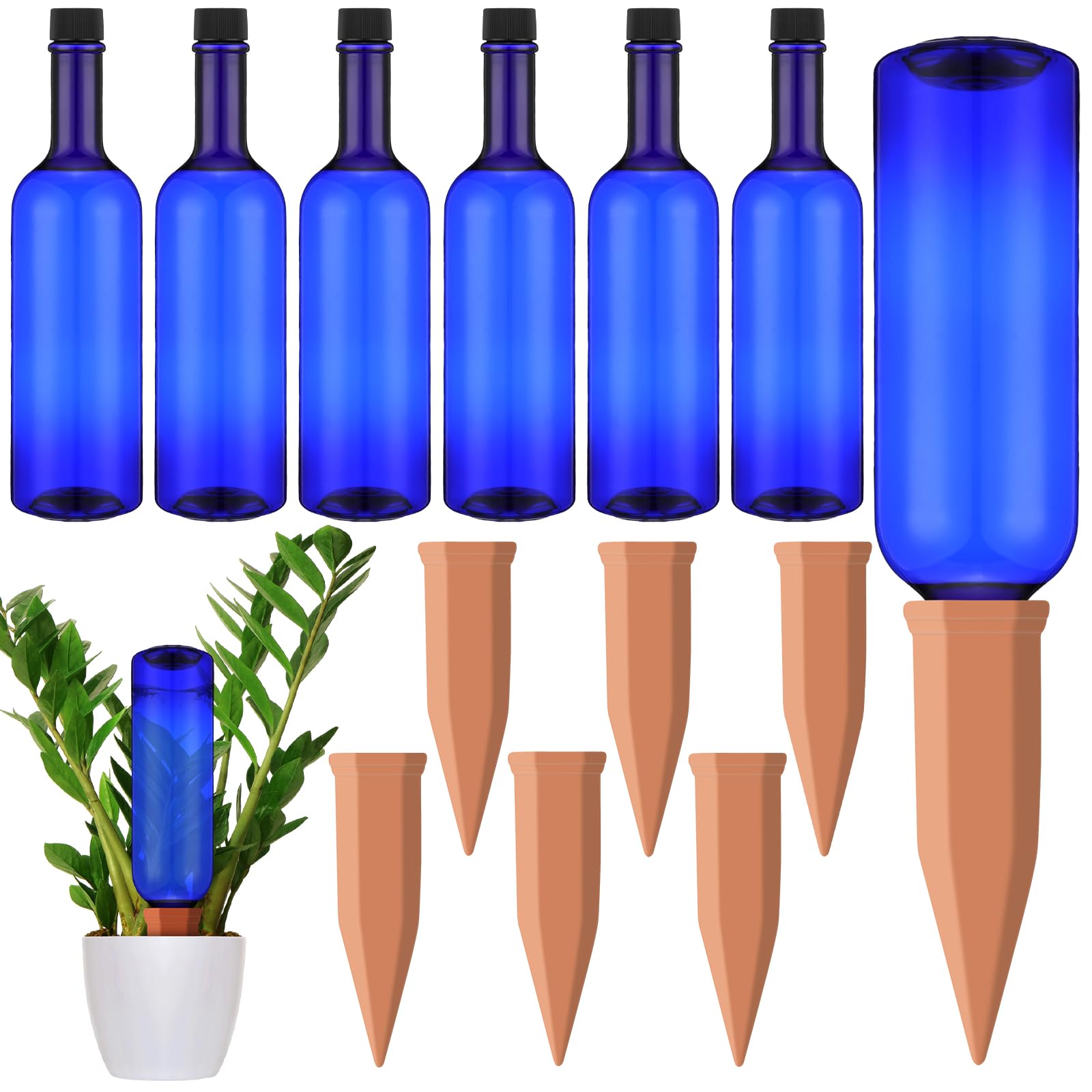 SiliFine 6 Sets Plant Watering Devices Include 6 Terracotta Self Watering Spikes and 6 Pcs 26 oz Plastic Bottles, Slow Release Vacation Insert