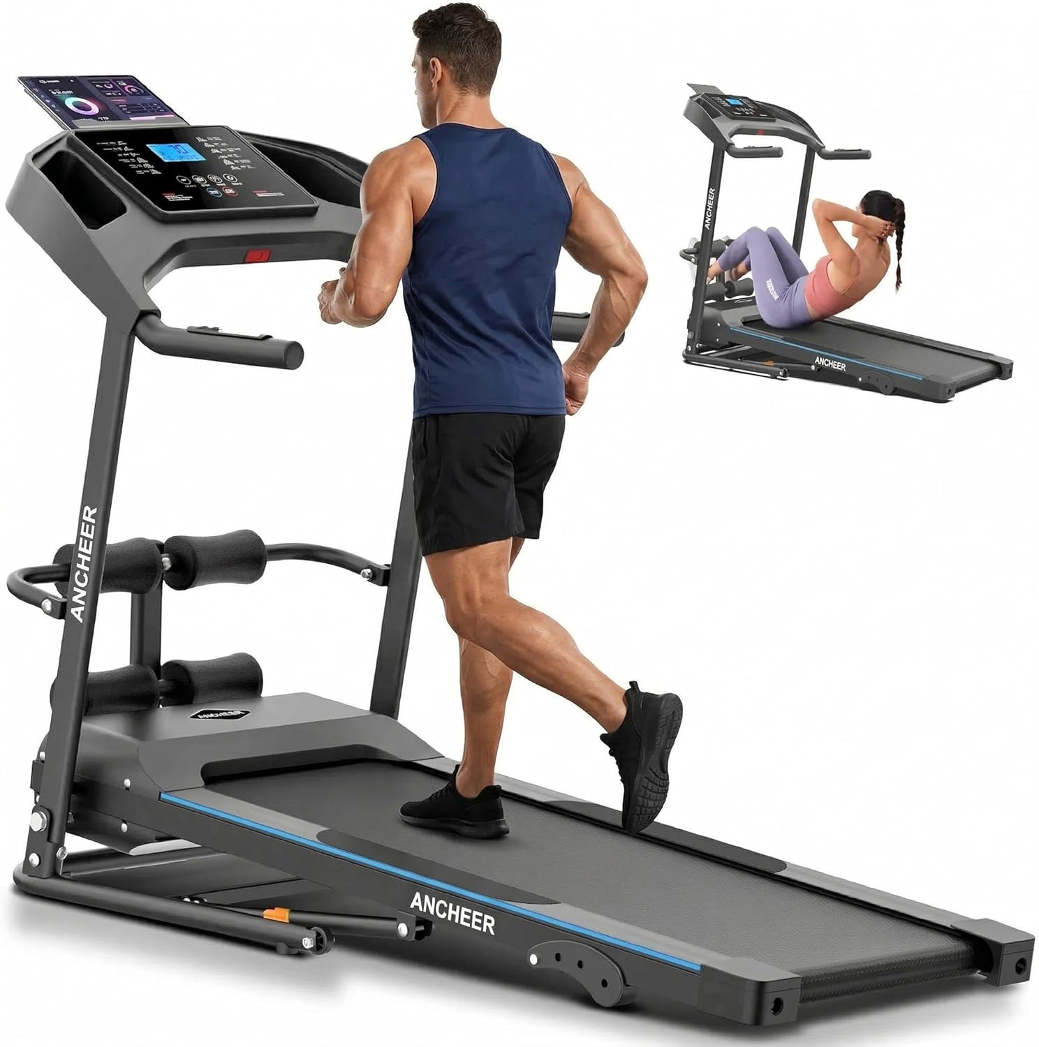 Treadmill with Incline & Sit Up Bench, Smart Treadmills for Home with Body Fat Measurement & Heart Rate Sensor, 3.5HP Foldable Heavy Duty Treadmill 350 LB Capacity Multifunction Exercise Equipment