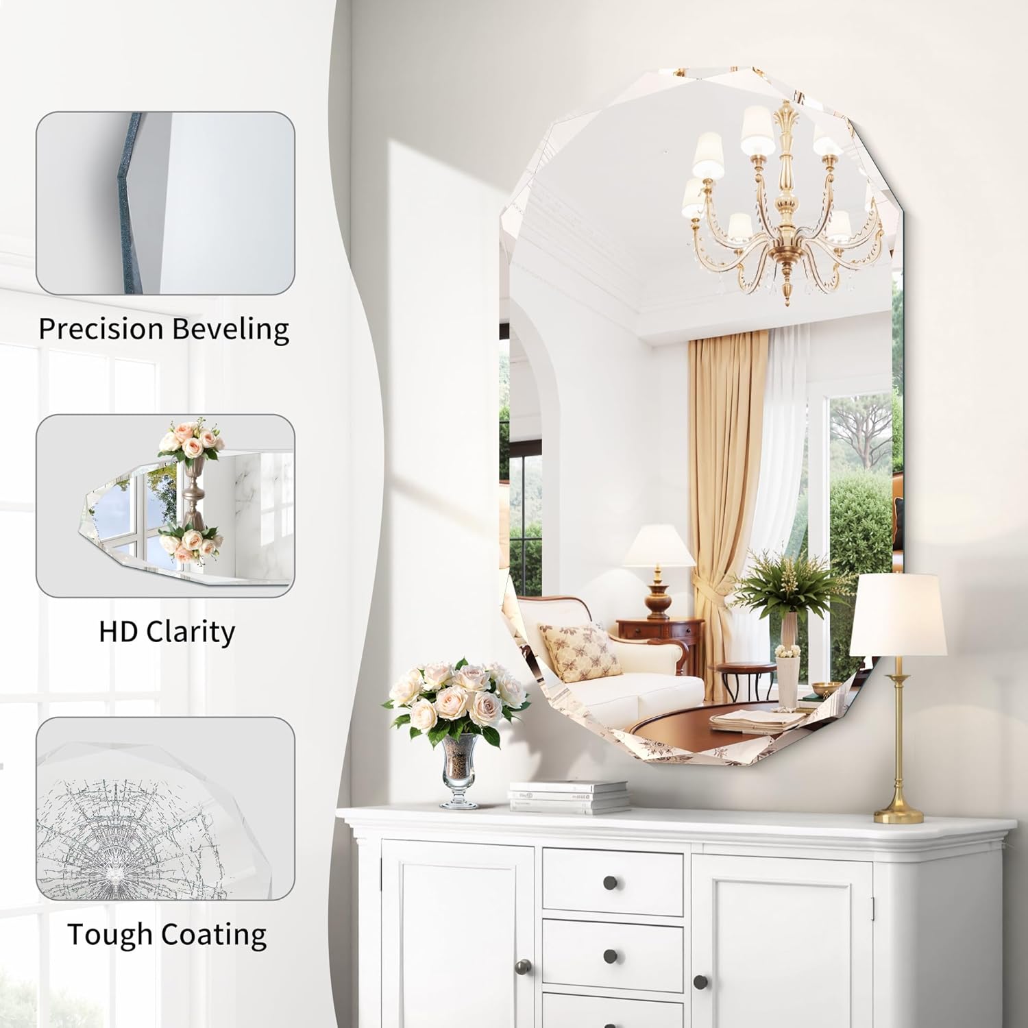GLASHOM Frameless Oval Bathroom Mirror, 48x28 Inch Vanity Mirror for Over Sink with Beveled Edge, Decorative Wall Mirror for Bedroom, Living Room and Entryway, Hangs Horizontally or Vertically