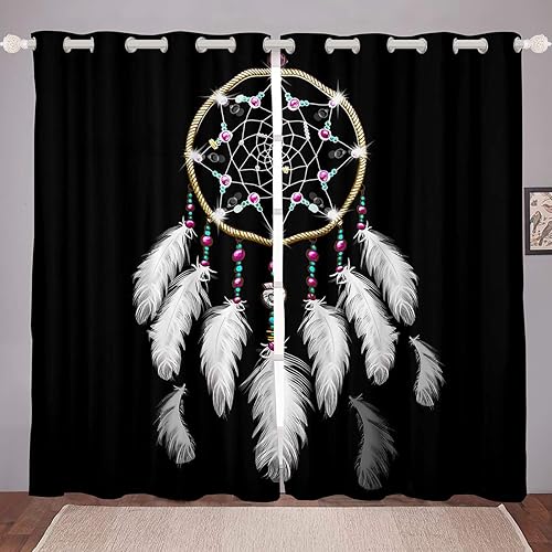 Cortinas de atrapasueños bohemias para dormitorio, sala de estar, espaciosas, elegantes, bohemias, para ventana, con plumas indias, blancas,