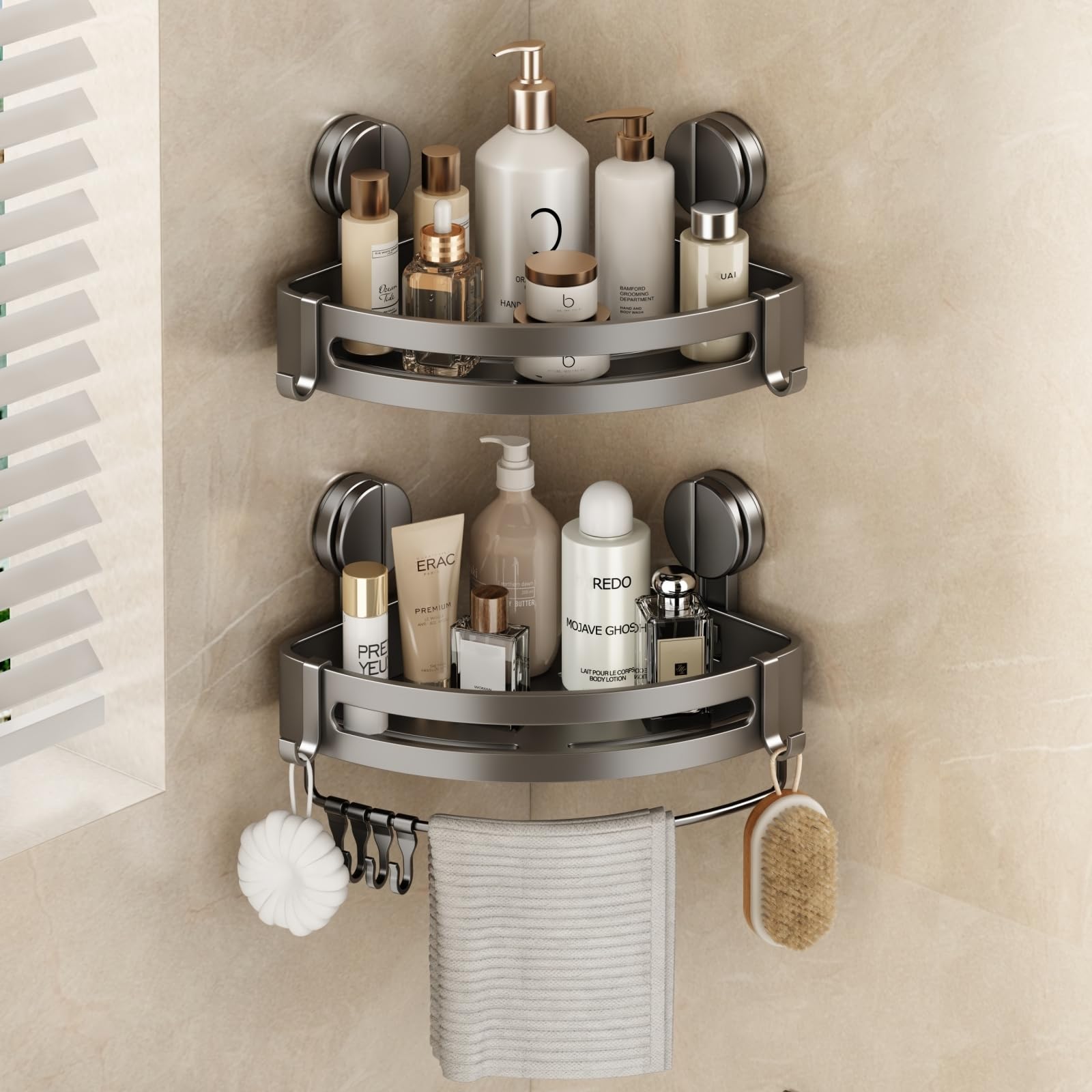 Mustorn Corner Shower Caddy Suction Cup, Shower Shelf No Drilling Bathroom Corner Shelves Suction Shower Caddy Organiser Rack Adhesive with Towel Bar & Removable Hooks Wall Mounted(2 Pack, Grey)