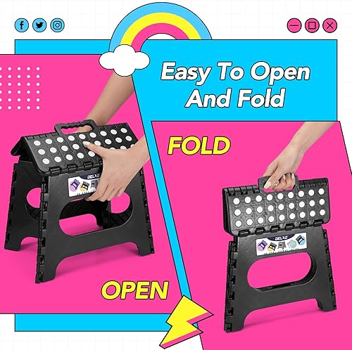 Miniatura 141 de Delxo Taburete plegable de 9 pulgadas, taburetes negros plegables para niños, taburete plegable portátil con asa, taburete plegable para cocina
