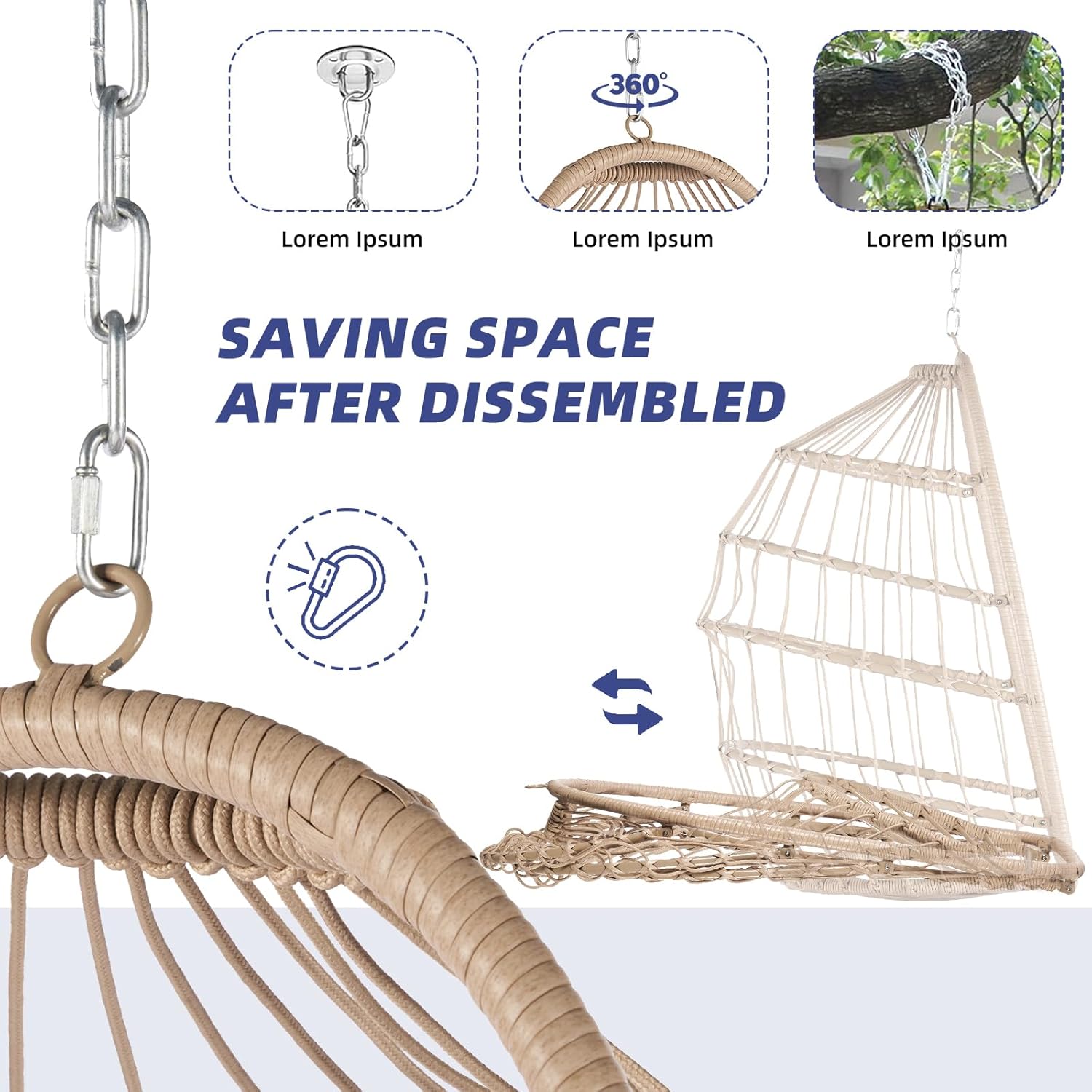 Swing Egg Chair Without Stand Indoor Outdoor, Rattan Woven Foldable Swing Egg Chair with Cushion, Load Capacity 280 lbs, Suitable for Bedroom, Garden, Balcony, Patio (Dark Blue)