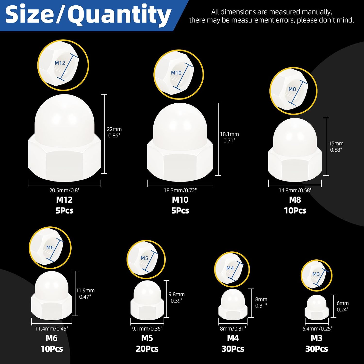 Glarks 110pcs 7 Sizes White Nylon Acorn Hex Nuts Set, M3 M4 M5 M6 M8 M10 M12 Dome Head Decorative Hexagon Cap Nuts Hex Head Dome Acorn CoverNut for Protecting Hexagon Shaped Threads Studs and Bolts