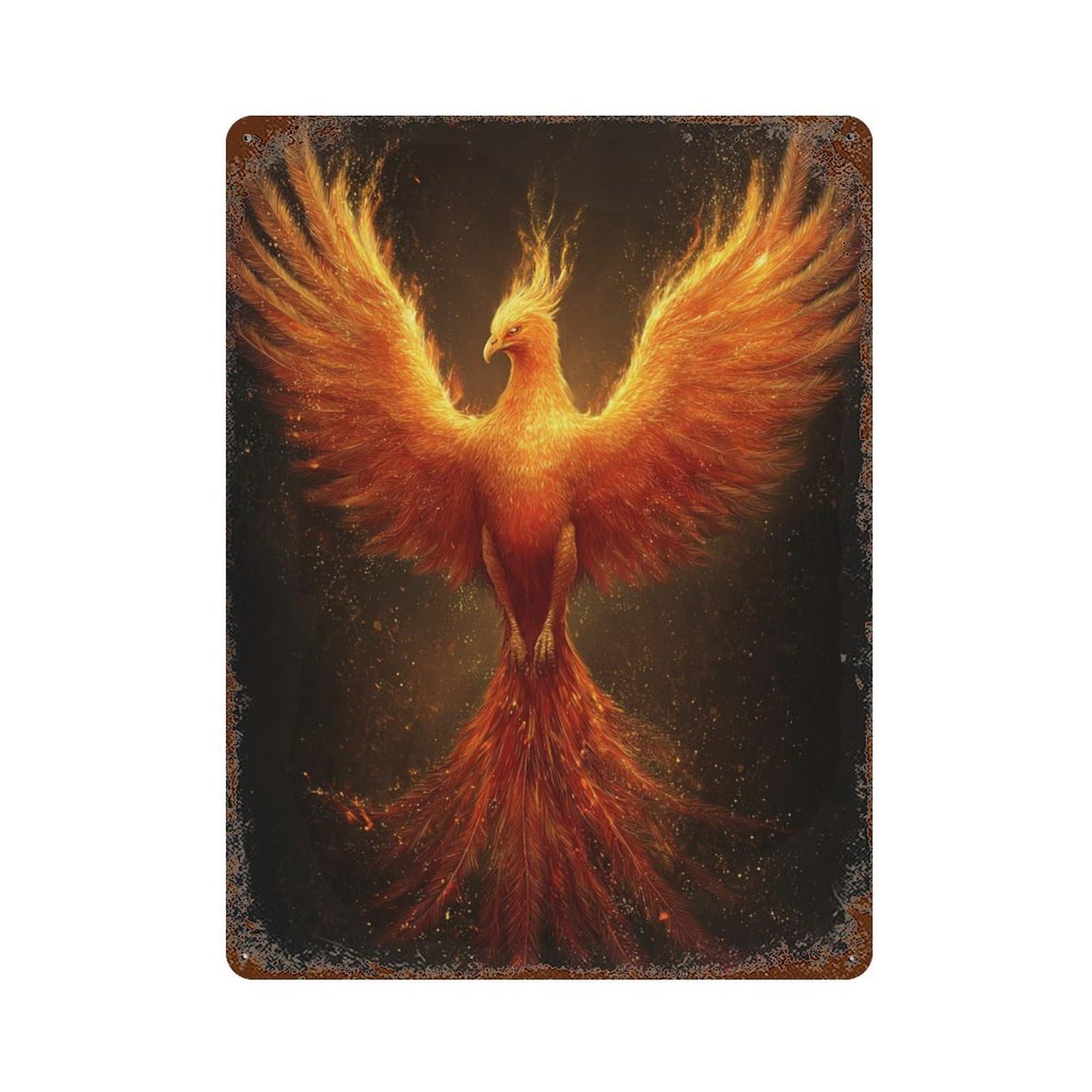 Phoenix Rising Mythical Firebird Artwork -1 Vintage Wall Sign 15.7"x11.8", Rust Effect Metal Decor for Living Room, Hallway And Home Decor