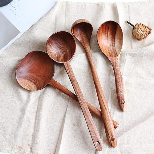 Vista 6 de FJNATINH Juego de cucharón de sopa de madera, utensilios de cuchara de cocina, 4 cucharas de cocina de teca natural hechas a mano, cucharón de sopa