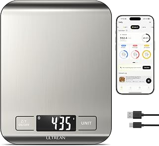 Ultrean Smart Food Kitchen Scale with Nutritional Calculator, App for Macro & Calorie Tracking, AI Scan, Digital Grams and Ounces for Weight Loss, Rechargeable, Stainless Steel, 33lb /15kg