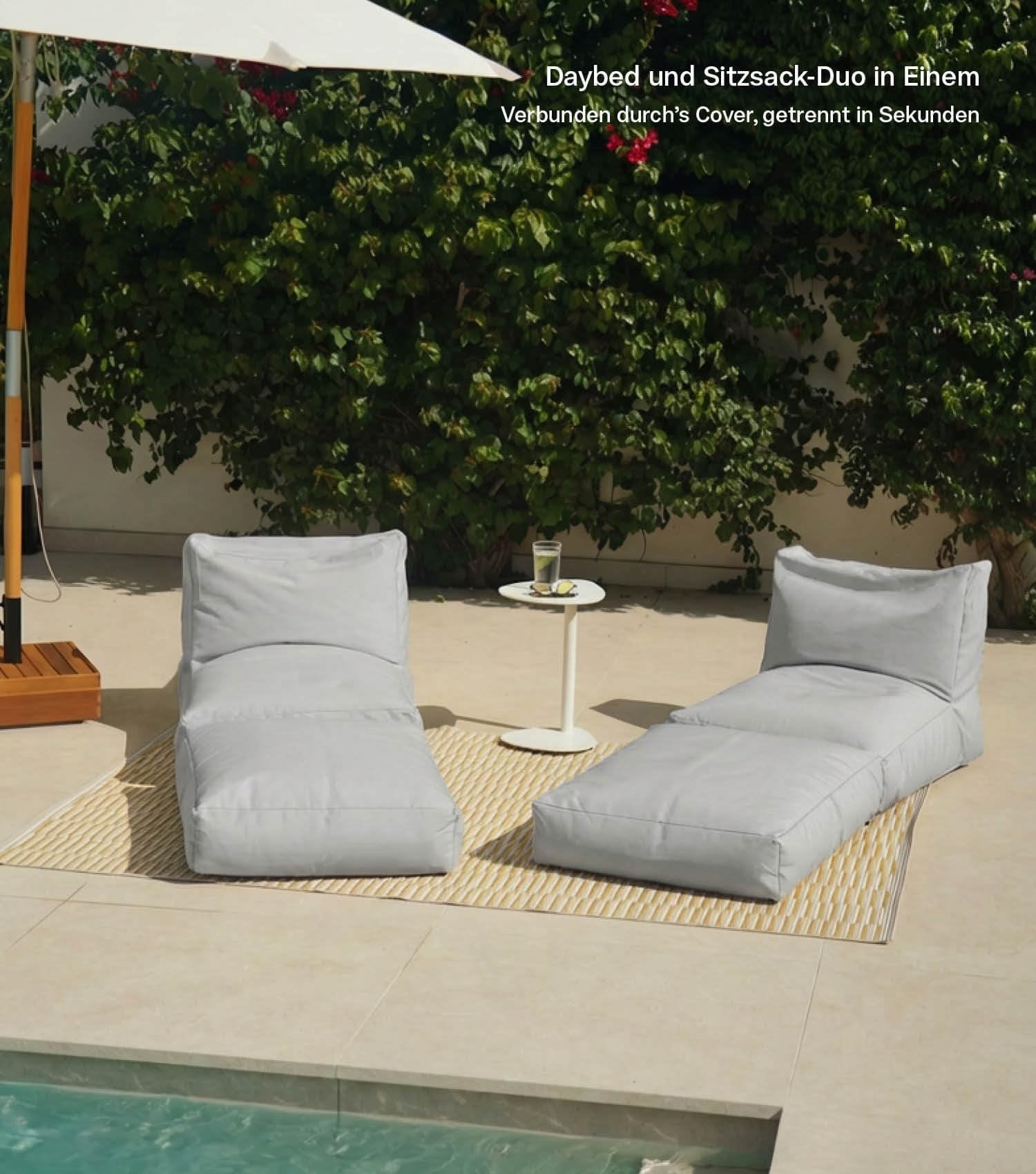 mokebo Outdoor Lounge 'Das Daybed' mit Schutzhülle (130x150 cm) Made in Germany, 3-in-1 Sonnenliege, Gartenliege, wetterfestes Loungebett, lichtecht, wasserabweisender Boden in Lichtgrau