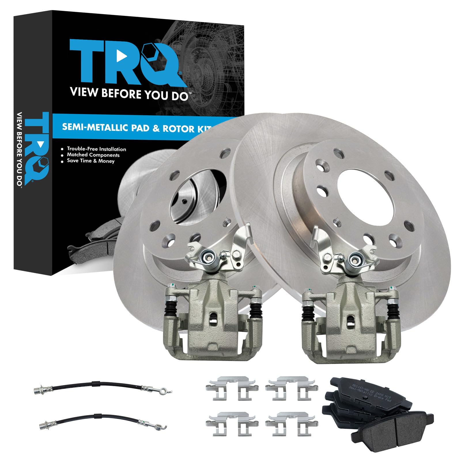 TRQ Rear Brake Pad and Rotor Set Semi Metallic Rotors Calipers Compatible with 2009-2012 Ford Fusion Lincoln MKZ 2009-2011 Mercury Milan