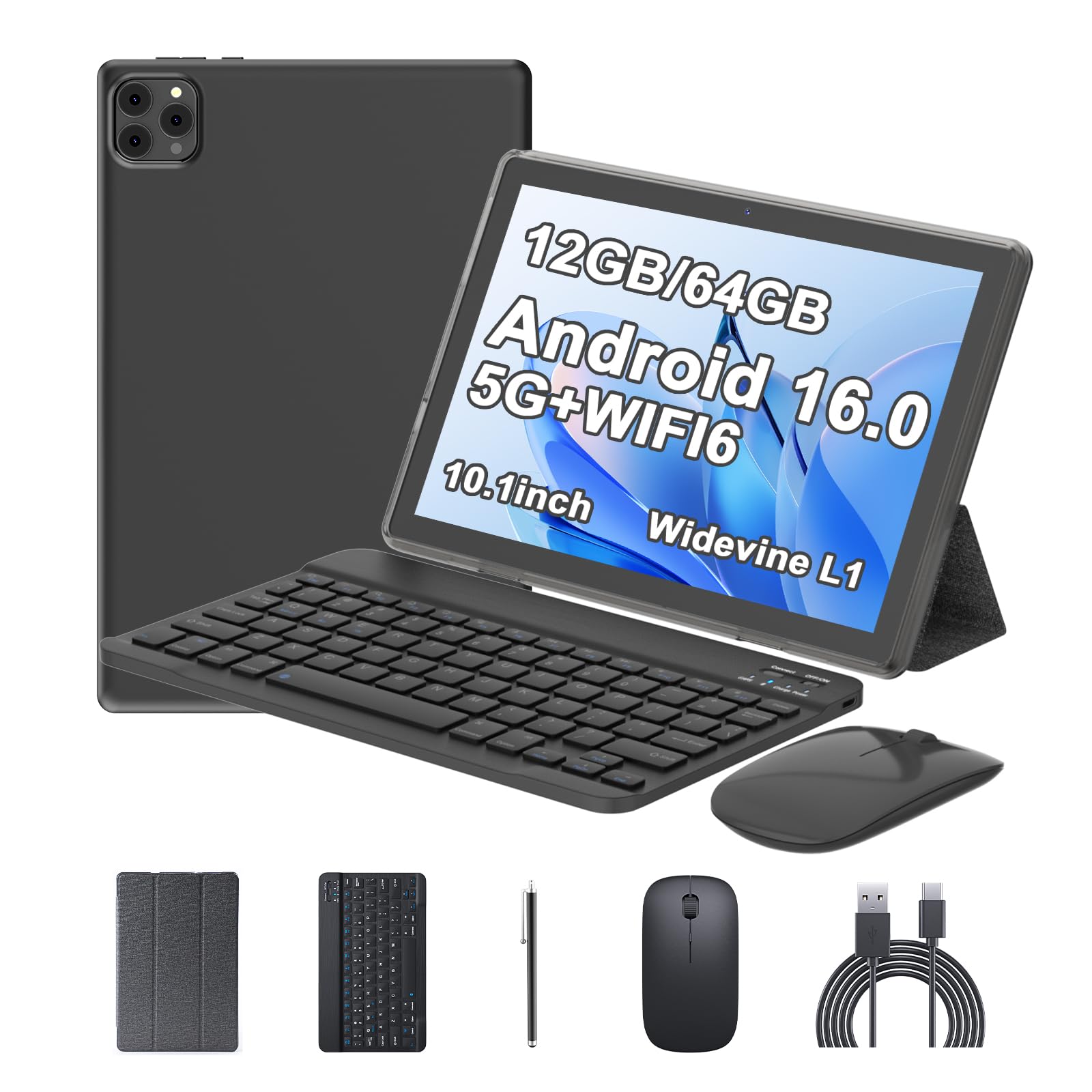 10 inch Android 15 Tablet, 12GB RAM + 64GB ROM, 2 in 1 Tablets with Keyboard Case, Mouse Stylus, 1.8GHz Quad-Core Processor, 1280x800 HD IPS Display-image-24