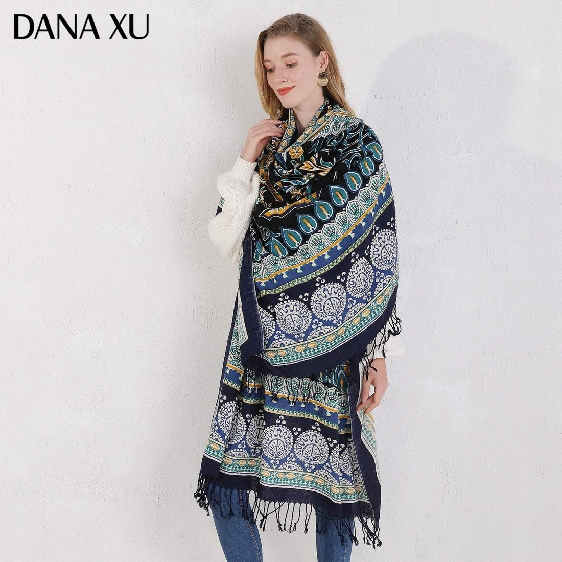 DANA XU 100% Merino Wool Pashmina Shawl for Women 96"x43", Oversized Cashmere Wrap with Tassels, Floral Travel Blanket Cape - Image 9