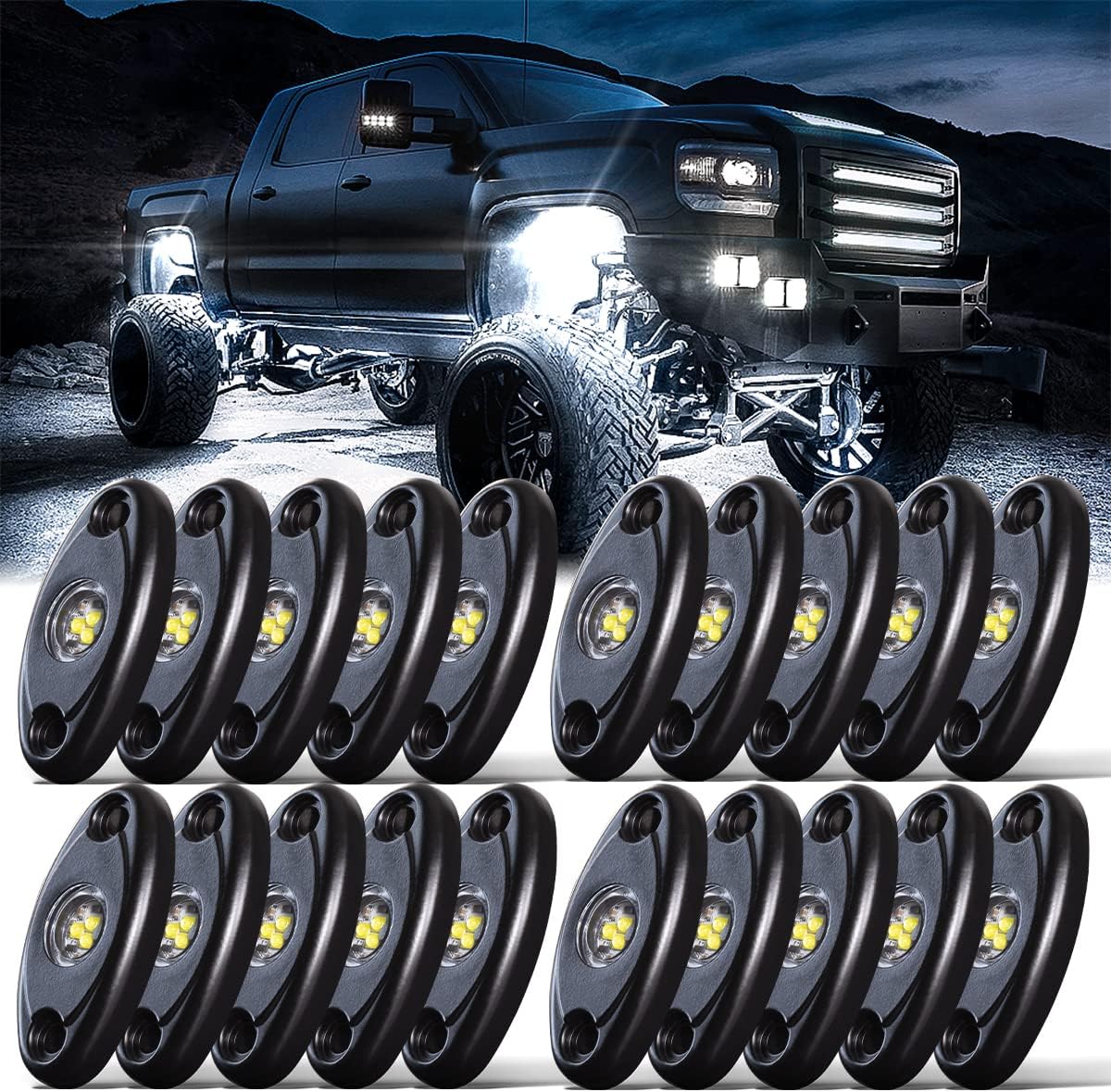- White Rock Lights,LEDMIRCY High Power Underbody Pure White LED Rock Lights for UTV Trucks Off Road RZR Auto Car Boat ATV SUV Waterproof High Power Neon Trail Rig Light Shockproof Pack of 20
