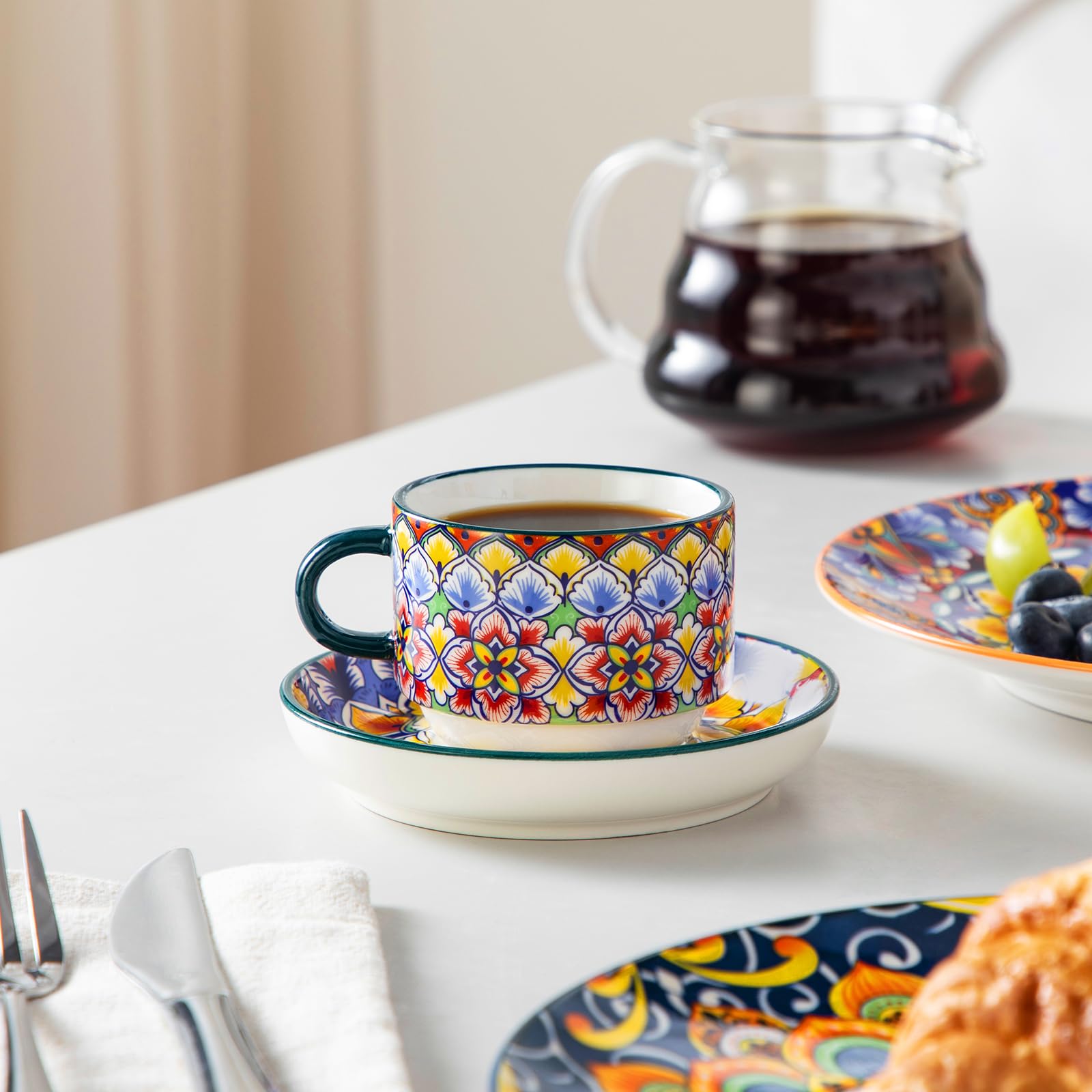 vancasso SIMI - Lot de 8 Tasses à Café avec Soucoupes (150ml) - Service à Café pour 4 Personnes - Porcelaine Résistante pour Expresso, Cappuccino - Design Bohème - Lavable au Micro-ondes