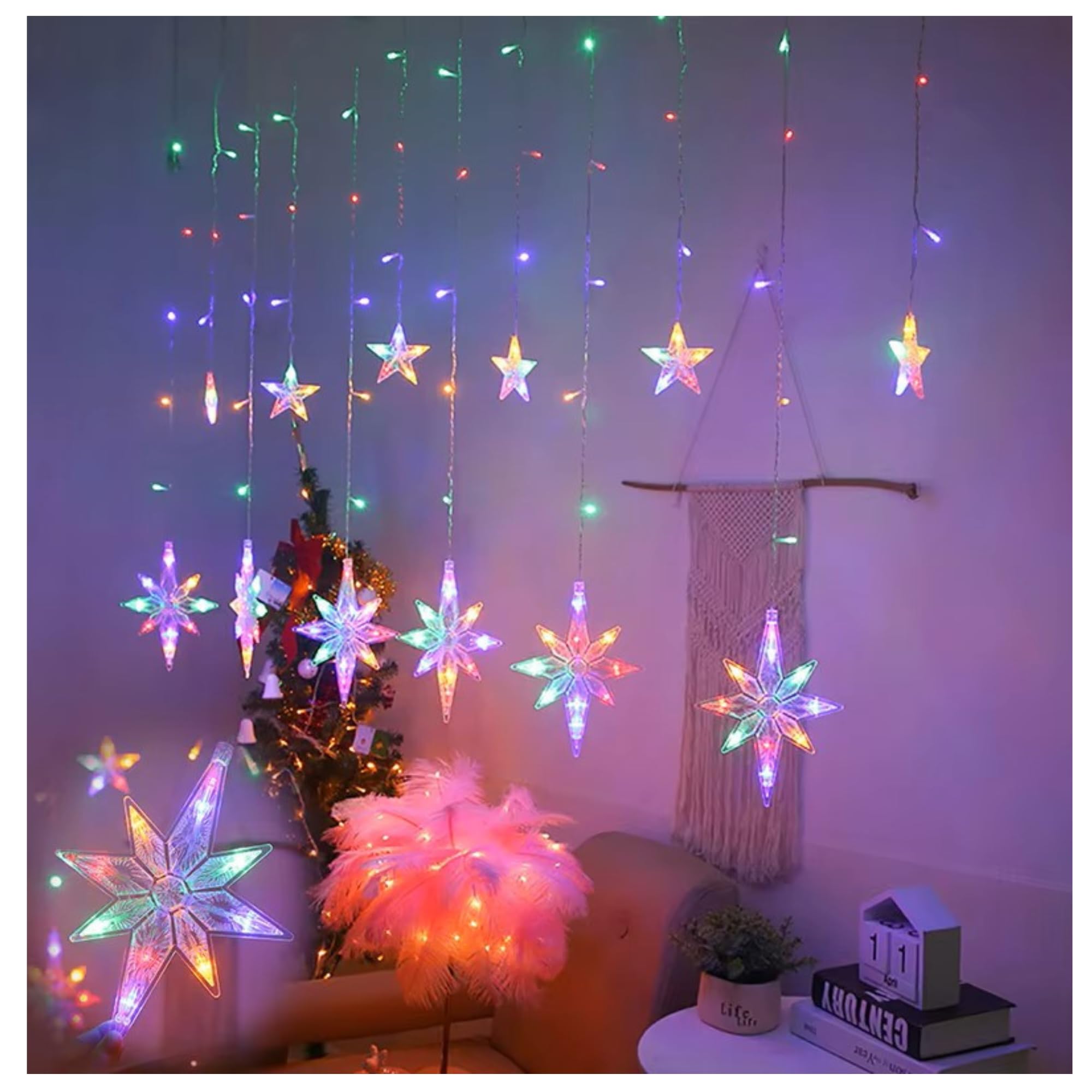 KHIZAR 6+6 Polar Star Curtain LED Lights Warm White with 8 Modes – Star Fairy Curtain Lights for Ramadan, Eid, Muslim Festival, Women’s Day, Bedroom, Restaurant, Hotel, Window & Festival Decoration 1