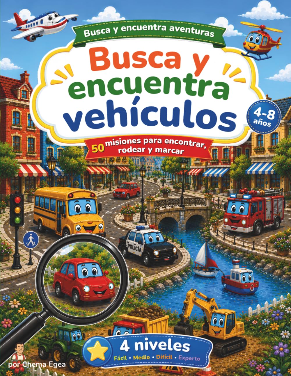 Busca y Encuentra Vehículos: Libro de actividades infantil con coches, camiones, trenes y más – 50 retos de búsqueda progresiva (Busca y Encuentra Aventuras)