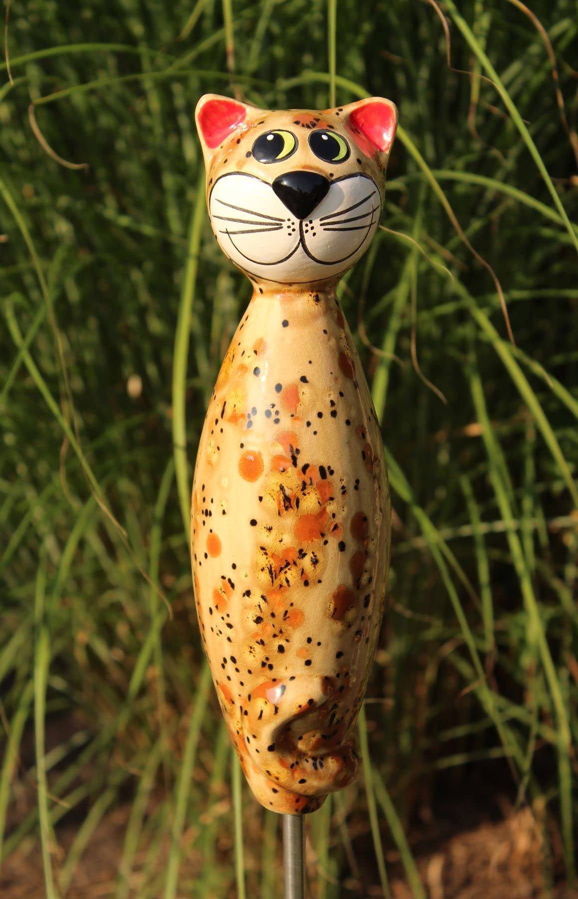 Gartenfigur Katze aus Keramik 30 cm Dekofigur getöpferte Gartendeko braun
