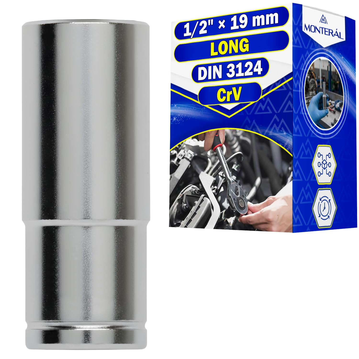 Llave de Vaso 1/2" x 19 mm DIN 3124 Acero Aleado Cromo Vanadio CrV | Hexagonal Llave Vaso de Forma Alargada para Lugares de Difícil Acceso - MONTERAL