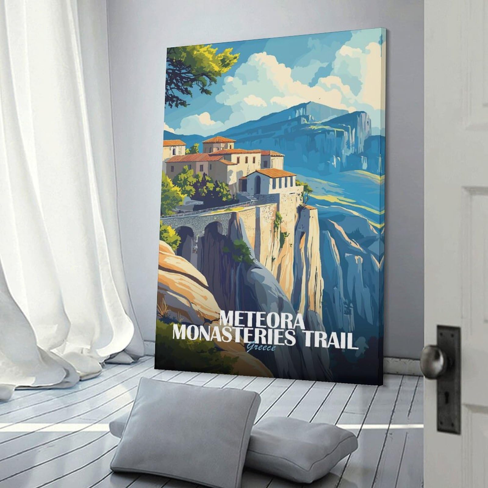 Junmoney Meteora Monasteries Trail Greece Illustration Wall Art Print 20x30inch(50x75cm), for Living Spaces, Bedrooms Or Relaxed Rooms, A Home Accent with Warm Character