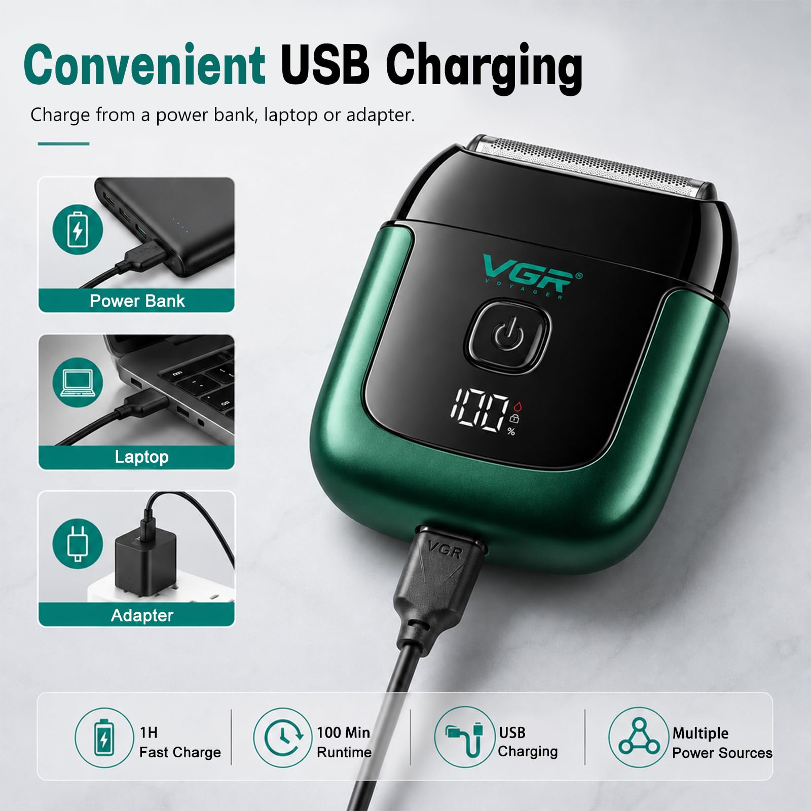 VGR 380 Rasoio elettrico portatile Mini con lamine flessibili, impermeabile IPX6, ricaricabile tramite USB, con display a LED e blocco di sicurezza per il viaggio,verde