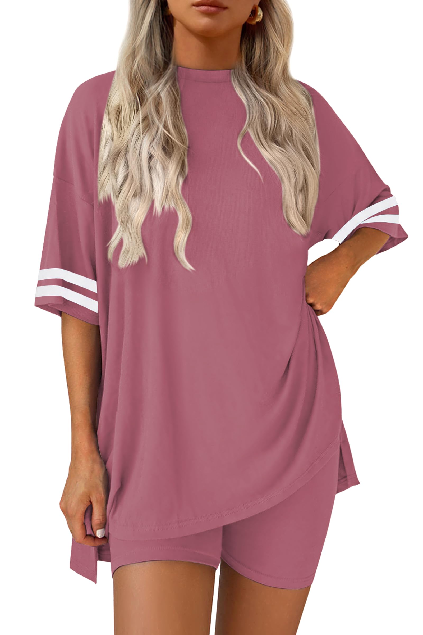 Ekouaer Womens Pajamas 2 Piece Lounge Set Casual Oversized Short Sleeve Tops Biker Shorts Set Comfy Pjs Outfits