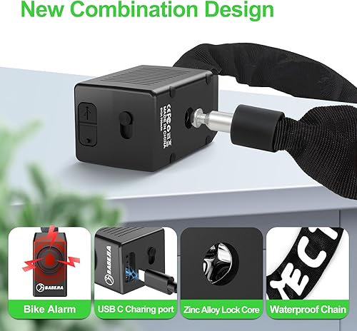 Miniatura 4 de Cerradura de cadena de bicicleta de 110 dB con alarma, cerradura de bicicleta de 4 pies con alarma antirrobo, resistente antirrobo, cerradura de