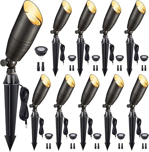 Gardenreet Foco de paisaje de latón macizo, 12 V CACC, impermeable, luces LED de bronce para exteriores, iluminación de bajo voltaje con cable para