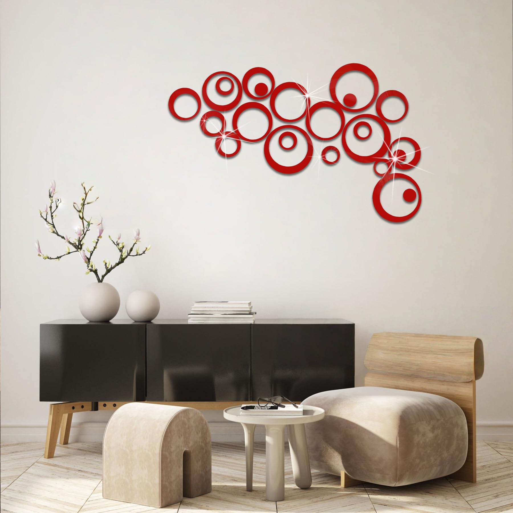 Adesivi Murali Specchio Acrilico Rosso 3D – 24 Pezzi Cerchi Decorativi da Parete, Specchi Adesivi Rotondi DIY per Soggiorno, Camera da Letto, Bagno e Decorazione Casa - 4