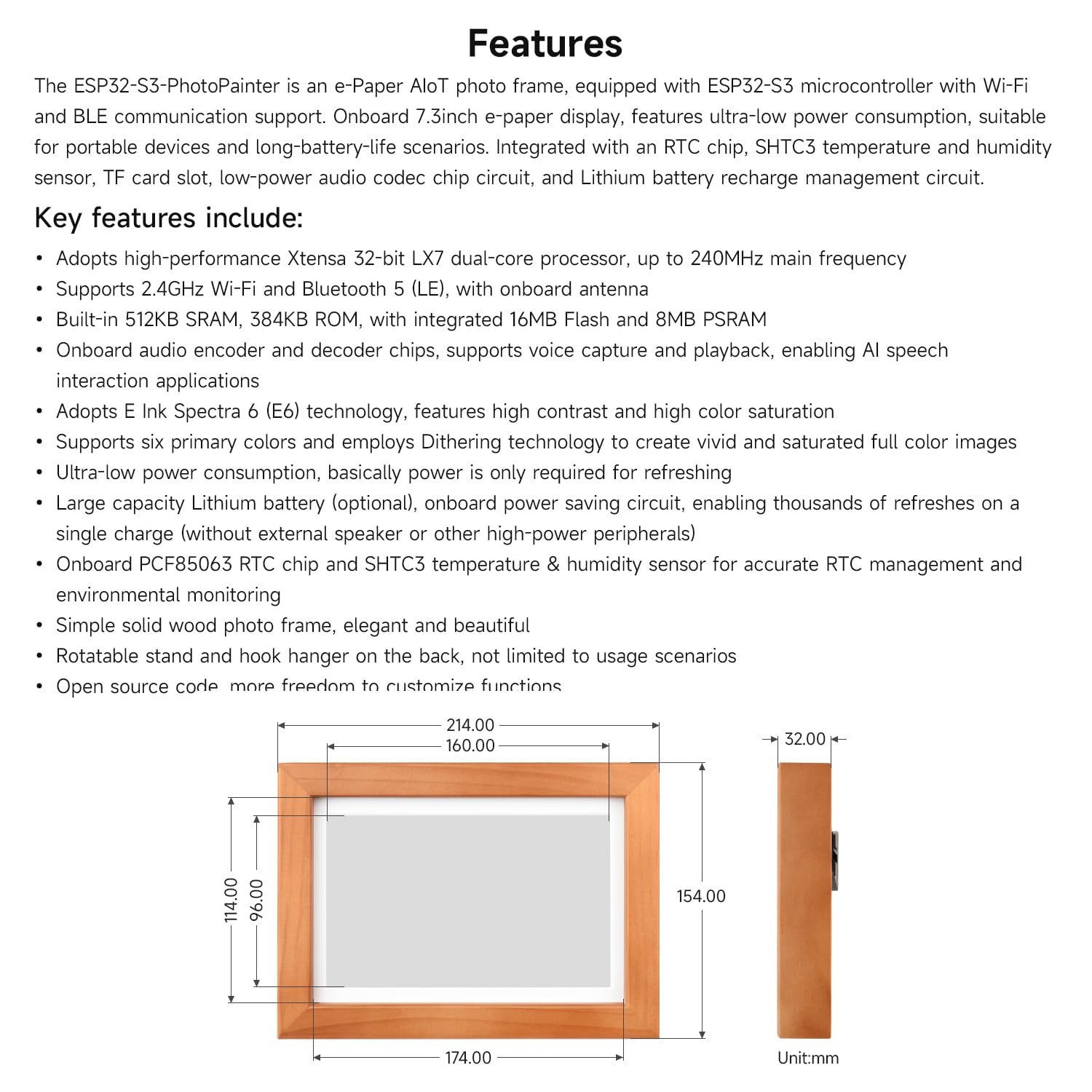 Waveshare ESP32-S3-PhotoPainter 7.3inch E6 Full Color E-Paper Display with Solid Wood Photo Frame, Ultra-Long Standby, 800 × 480 Resolution, No Bat