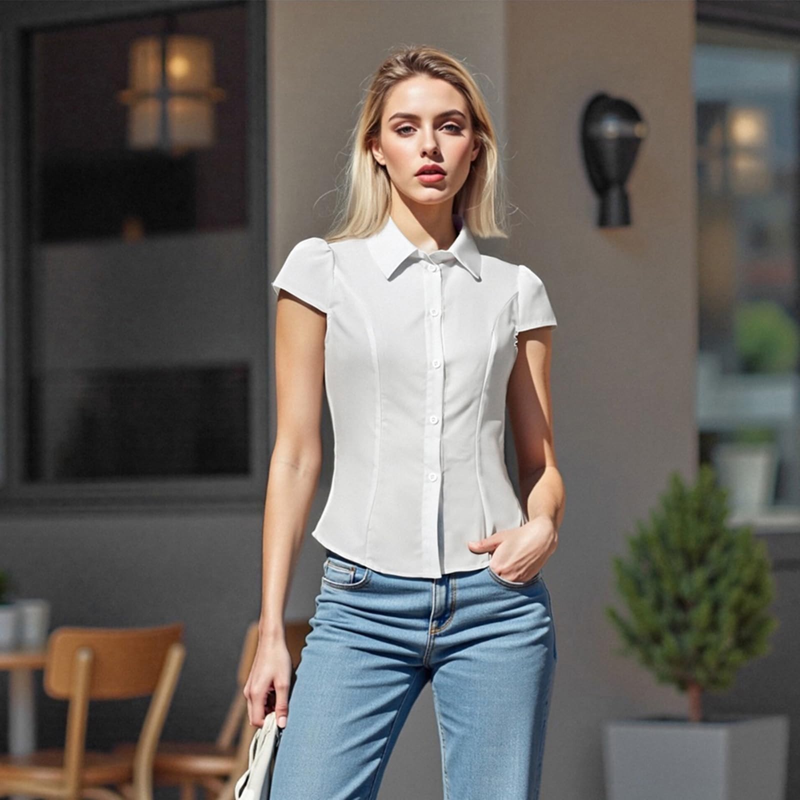 Camicetta aderente da donna Y2k con bottoni a maniche corte con scollo a V con colletto in vita stretta camicia corta top carino casual per uscire teen top