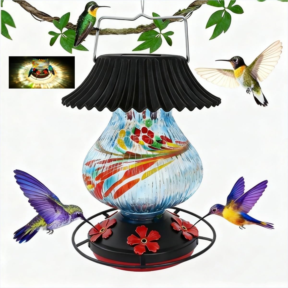 Solar-Kolibri-Futterspender aus Glas für den Außenbereich, 5 Futteröffnungen mit Sitzstange, auslaufsicher, perfekter mundgeblasener Glasfarbwechsel zum Aufhängen im Freien, Blau