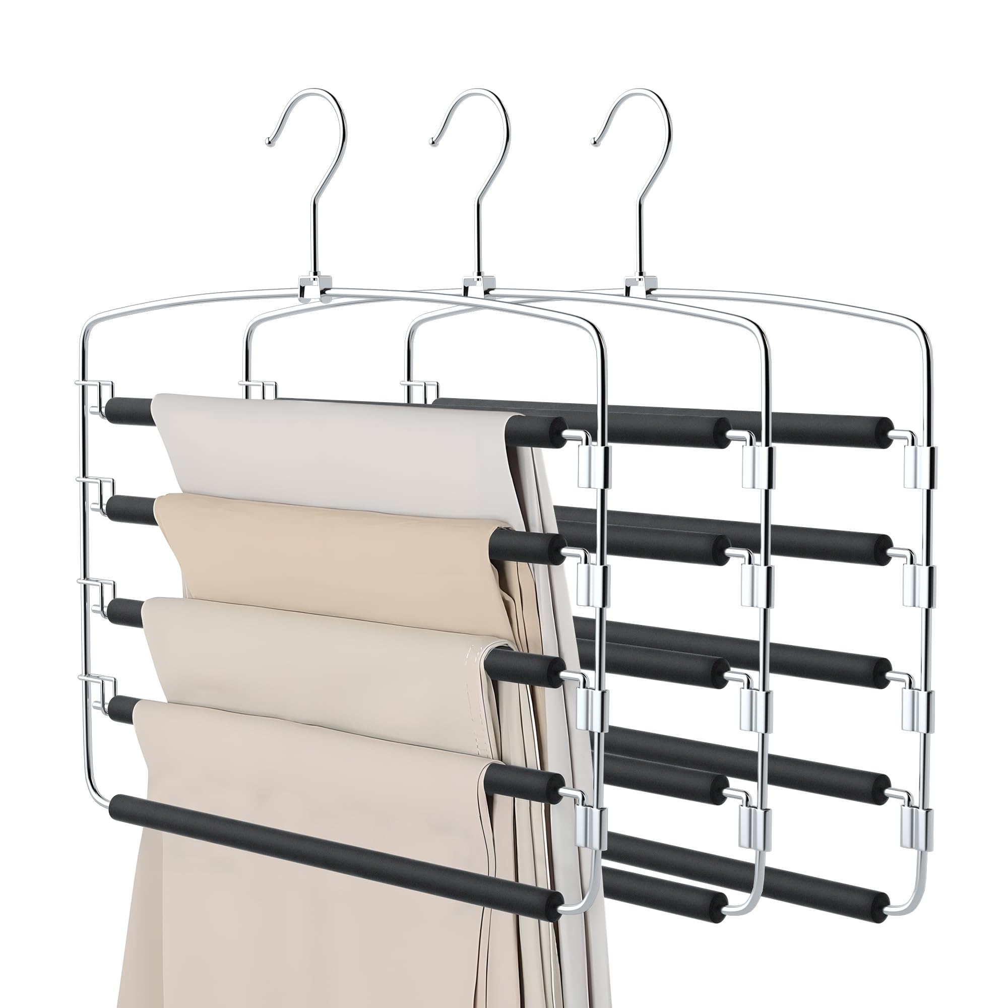 Hosenbügel, 3 Stück, rutschfest, platzsparend, 5-lagig, Schwingarm, Hosenbügel, Edelstahl mit rutschfester Polsterung, Schrank-Organizer und Aufbewahrung für Hosen, Hosen, Jeans, Schal