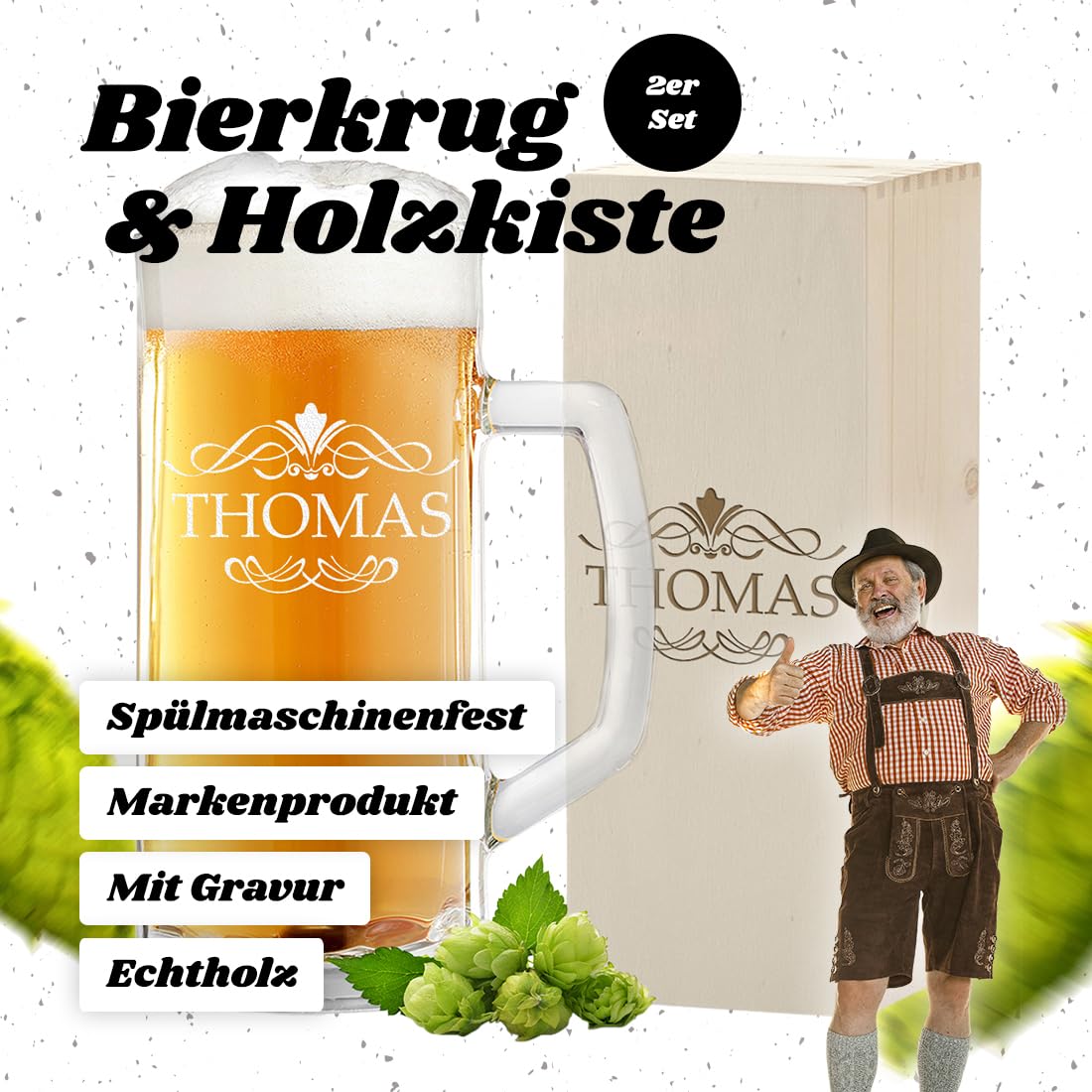 Ensemble chope à bière de 500 ml et boîte en bois avec gravure - Cadeau d'anniversaire pour homme - Idéal pour anniversaire et fête des pères - Verre à bière pour Pils et Craft Beer - Passe au