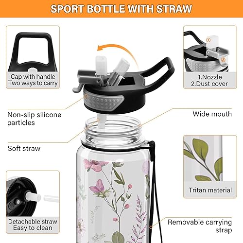 Miniatura 4 de Botella de agua con diseño floral lindo con tapa de pajilla, 32 onzas, a prueba de fugas, botellas de agua transparentes para gimnasio, para mujeres