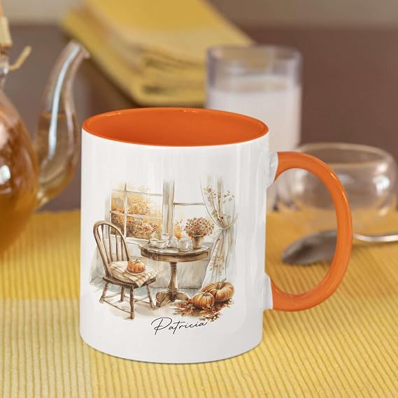Watercolor Autumn Scenery Coffee Mug, Personalized Name On Fall Themed Mug, Unique Cup Gift For Coffee Lovers, Customized Fall Window Scenery White Mug, Custom Fall Ceramic Cup 11oz