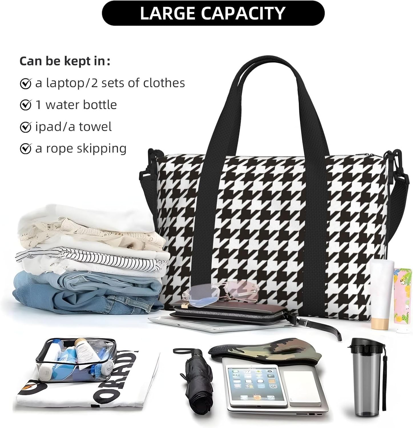 Houndstooth Black And White Travel Bag for Women Men Weekender Bags Carry on Overnight Bag Tote Bag Yoga Gym Bag for Gym, Work, Weekend, Travel, Personal Items