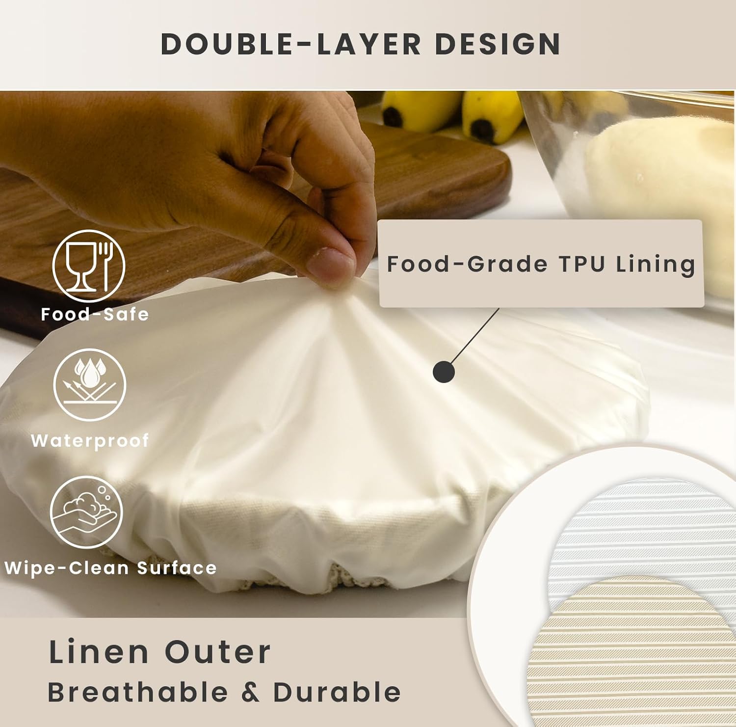 Reusable Bowl Covers for Bread Proofing(2-Pack) – Double-Layer Linen & Food-Grade TPU Liner – Elastic Cloth Cover for Sourdough, Dough Proofing, Fermentation, Food Storage