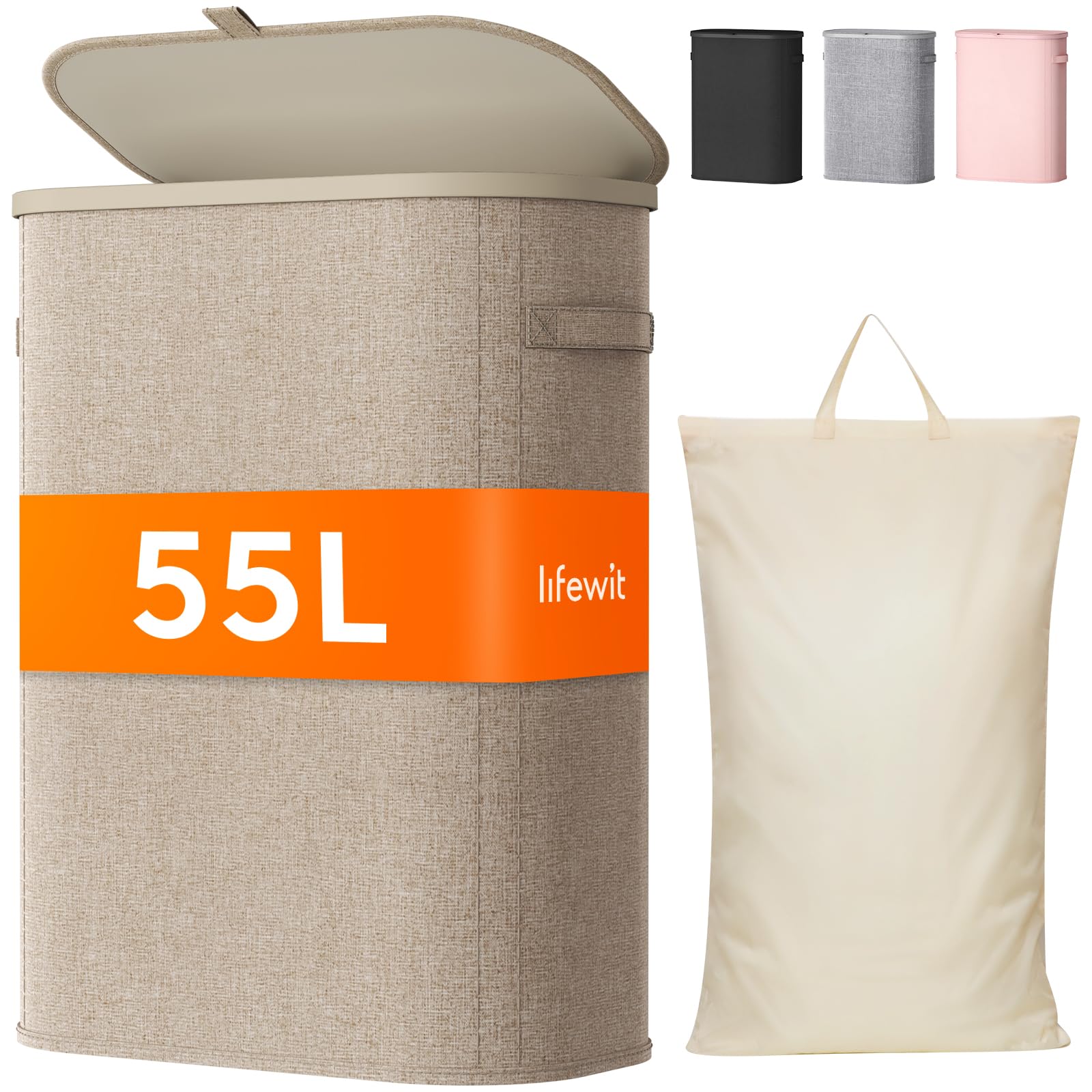 Lifewit Schmal Wäschekorb mit Deckel, 55L Wäschesammler mit Kunststoffrahmen, faltbarer großer Wäschesortierer, Wäschebox Laundry Baskets für Schlafzimmer, Bad, Beige