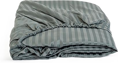 ملاءة سرير مخططة بجودة عالية للفنادق وديكور المنزل تتكون من ملاية بحواف تثبيت مرنة مقاس 1 متر× 2 متر تناسب المراتب حتى 30 سم من القطن الممشط من هوم اوف لينين - لون رمادي غامق