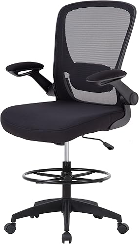 BestOffice Silla de dibujo alta de oficina con anillo ajustable para pie y brazos abatibles, silla de escritorio de pie ejecutiva con ruedas para