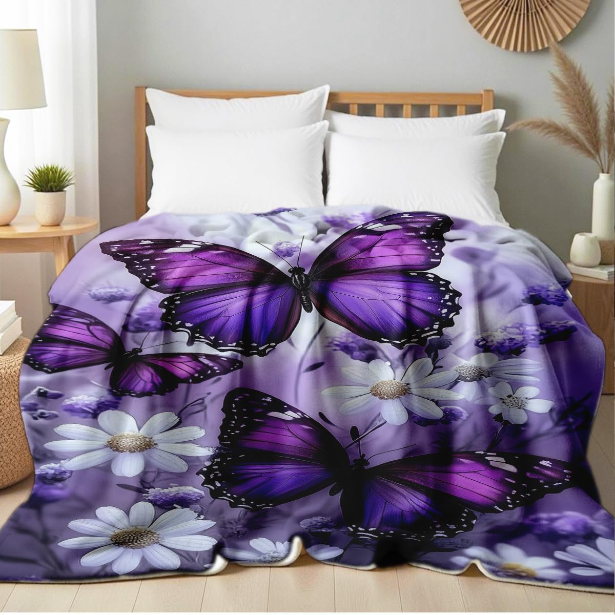 Printed Bed Blanket Purple Butterfly Throws Soft Flannel Blanket Butterfly Gifts for Adults Kids Couch Butterflies Decor for Sofa Bed Office (49"x59")