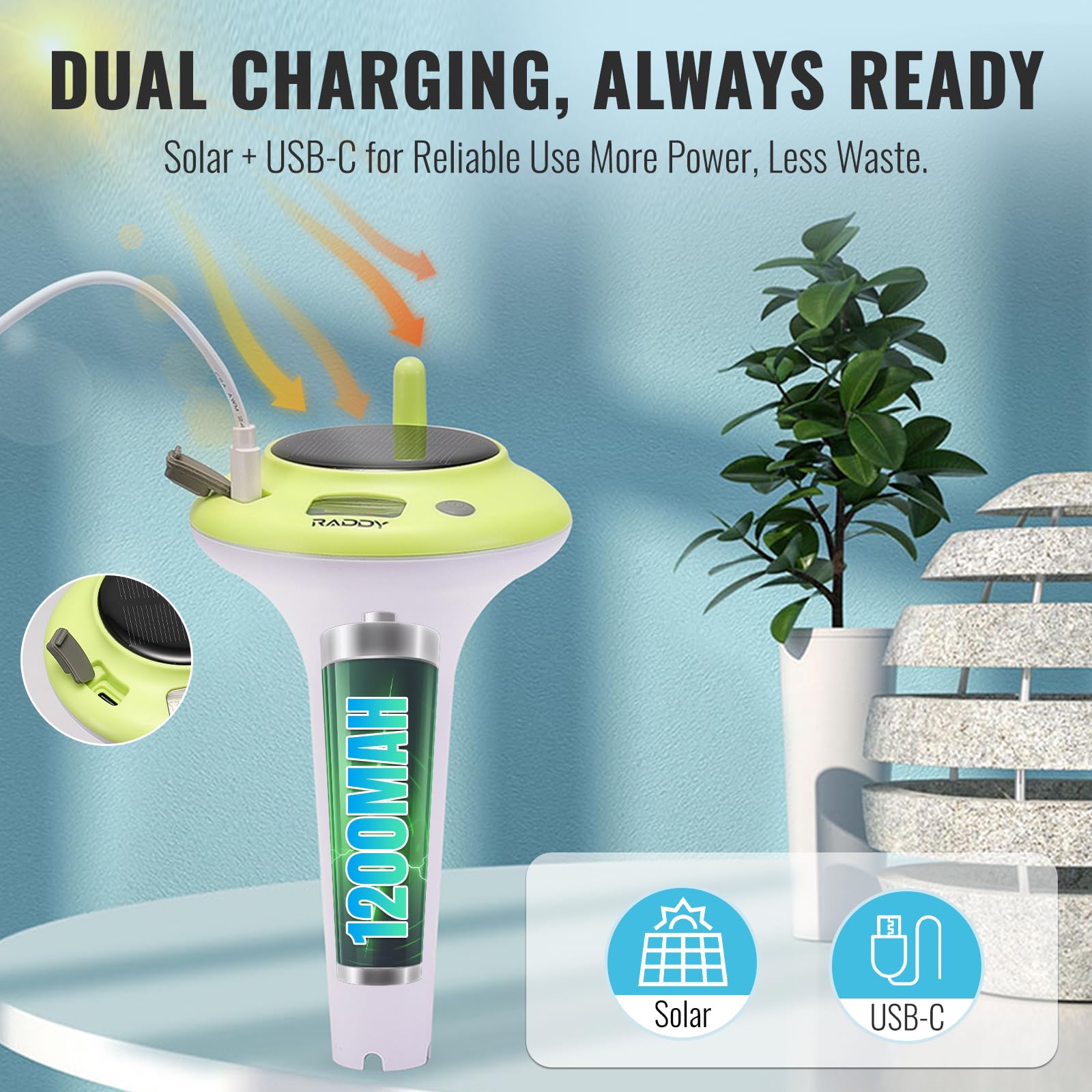 Raddy PT-5 WiFi con App Termometro Piscina, Sensore Temperatura Galleggiante Senza Fili e Display Interno, Termometro Digitale IPX8, Ricarica Solare e USB-C per Idromassaggio, Spa, Vasca, Acquario