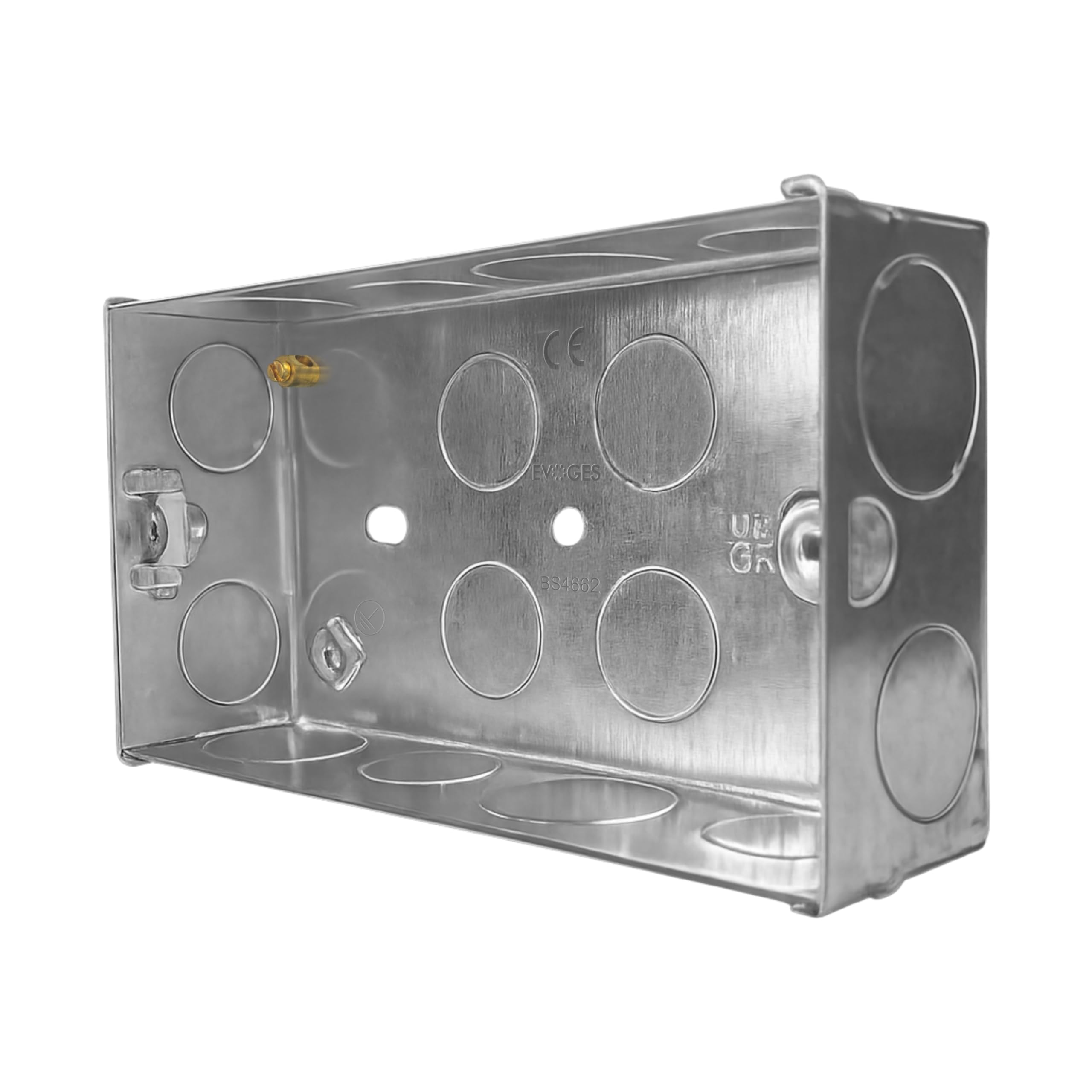 Evoges Double Metal Back Box, 35mm, 2 Gang, 1.0mm Thickness for Electrical Sockets Switches, BS4662 Standard, 20mm & 25mm Knockouts, Adjustable Lug, Brass Terminal (Pack of 1)