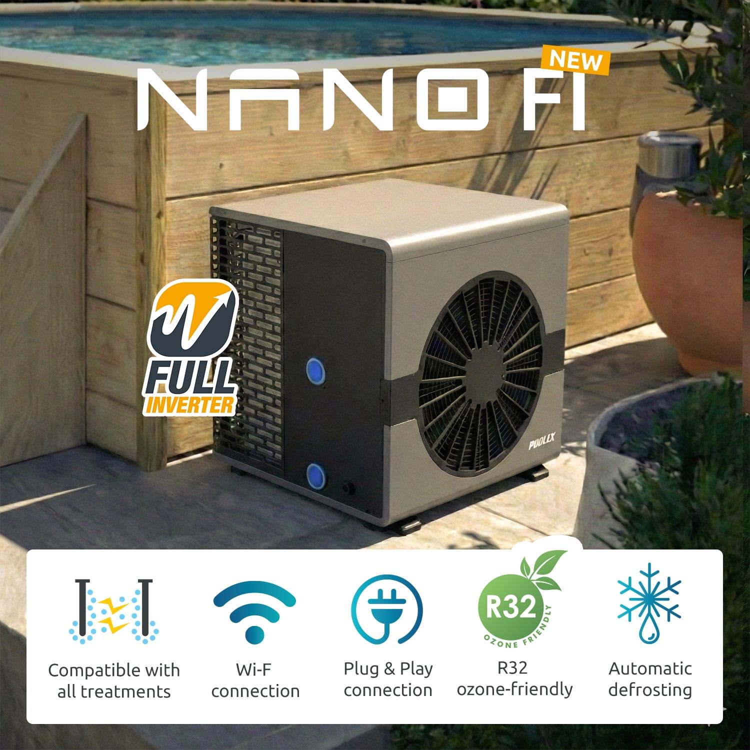 POOLEX – Nano B3N Fi 3 KW Full Inverter – Pompa di Calore Reversibile Piscina connessa Fino a 20 m³ – Riscaldamento e Raffreddamento – Wi-Fi – Silenziosa ed Economa – Ultra-compatta – Plug & Play